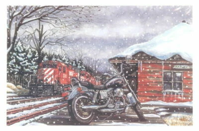 HARLEY DAVIDSON CHRISTMAS CARDS #X744 HARLEY PARKED FRONT OF TRAIN STATION (10) - Image 1 of 4