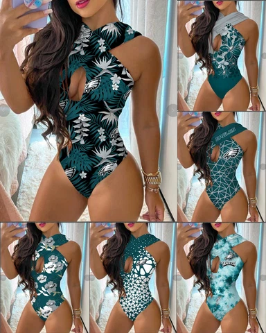 Philadelphia Eagles Criss Cross Swimsuit One Piece Cutout Bikini Bathing Wear Cover