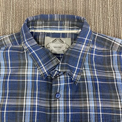 Bruno New York Shirt Mens 2XLB 2XL Big Blue Plaid Textured Casual Button Up Long - Image 1 of 4