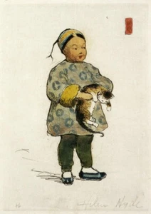 The Cat and the Cherub Art Print – Helen Hyde 1897 – Japonisme Etching - Picture 1 of 2