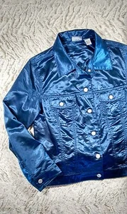 Chico's blau Satin Baumwollmischung Silber Knopf Damen Blazer, Gr. 2 (14) - Bild 1 von 7