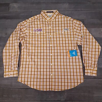 哥伦比亚 PFG NCAA LSU Tigers CLG 超级塔迈阿密纽扣衬衫男式大号黄色 — 第 1/4 张图片