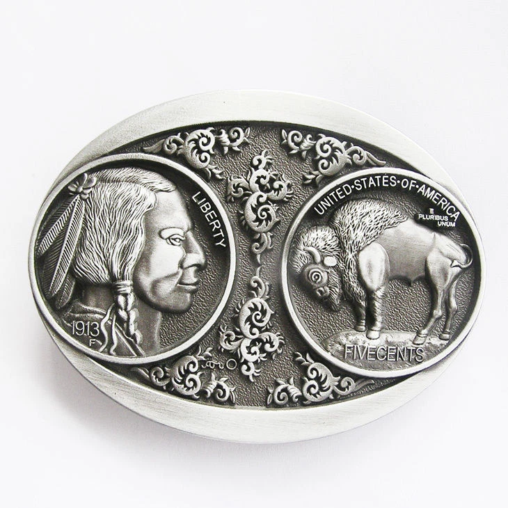 US 5 Cent Buffalo Nickle Indian Western Metal Belt Buckle - Image 1 of 1