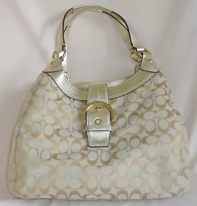 Coach handbag, large size, fabric and leather. Coach leather tag on chain - Picture 1 of 5