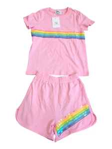 Lola + The Boys Pink Athletic Set Shorts T Shirt Rainbow Sequin Girls Size 6 - Picture 1 of 6