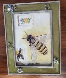 Vtg. DSG Frame Enamel Green Picture Rhinestones Dragonfly Flower Butterfly - Picture 1 of 4