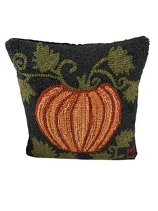 Chandler 4 Corners Green Orange Wool Hand Hooked Pumpkin Pillow Laura Megroz 16” - Picture 1 of 7