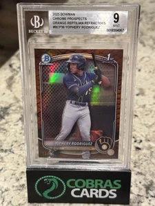 Bowman Chrome Yophery Rodríguez 2025 1st Orange Reptilian Ref/25 Beckett 9 - Imagen 1 de 2