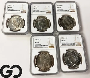 5-Coin Investor Lot, 1922-S Silver Peace Dollar CAC MS 62 ** All Very Nice! - Picture 1 of 3