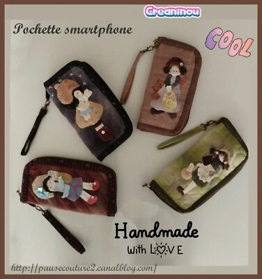 porte-feuille pochette smartphone fait main kawaii Shinnie patchwork - Photo 1/4