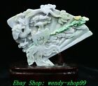 China Natural Emerald Jadeite Green Jade Carve Dragon Phoenix Fan Screen Statue