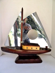 Sailing Ship Sloop Clock TV Lamp 1950s Vintage Wood Base Chrome Sails NEEDS LOVE - Picture 1 of 12