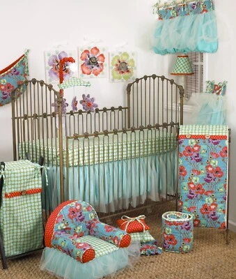 Blue Floral Lagoon Crib Bedding Set Hamper Valance Sheet Toybag Pillow Diaper - Image 1 of 4