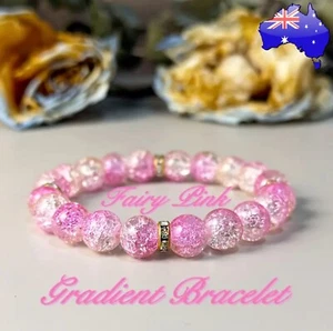 Fairy Pink Gradient Cracked Glass 10mm Bead Crackle Crystal Quartz Bracelet Gift - Picture 1 of 7