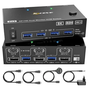 8K KVM Switch 2 PC 2 Monitore HDMI+DP 4K144Hz 4x USB 3.0 Kabel Fernbedienung - Bild 1 von 9