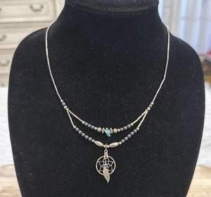 Vintage Southwestern Silver Tone Turquoise Dreamcatcher Beaded Necklace - Picture 1 of 3