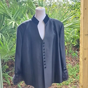 Dana Buchman Woman 22W Silk Blazer Black Button Front Ribbon Faux Fur - Picture 1 of 17