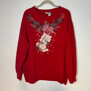 VTG Cute Xmas Cat Kitten Graphic Sweatshirt 80s 90s Womens 3XL Ugly Christmas - Picture 1 of 6