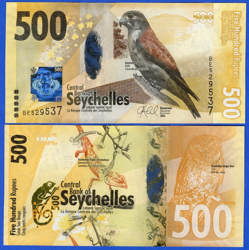 Seychelles 500 Rupees 2016 P-51  UNC Note - Kestrel, Tiger Chameleon, Owl - Image 1 of 3
