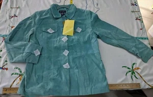 Denim & Co. Suede 100% Leather Ext. Aquamarine Jacket Sz L Heavy Duty! Padded - Picture 1 of 8