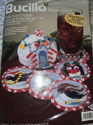 Holiday Igloo & Penguins Coaster Set-5 & Holder Bucilla Plastic Canvas Kit NIP  - Image 1 of 3