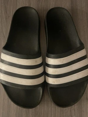 Adidas slides. Flip flops  Black with white stripes  Size 5 - Image 1 of 4