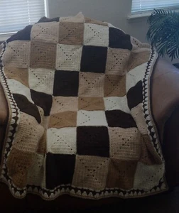 NEW HAND CROCHET  BROWN BONE MULTI COLOR SQUARES AFGHAN LAP BLANKET THROW - Picture 1 of 3