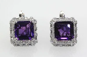 Deep Purple Amethyst & Diamond 18 Carats Earrings 18K White Gold - Picture 1 of 17