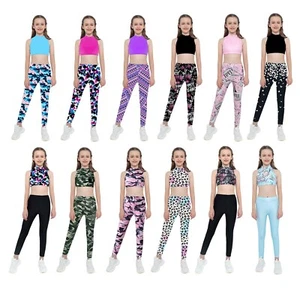 Kids Girls Gym Yoga Sport Suit Sleeveless Keyhole Back Closure Crop Top+ Pants - Picture 1 of 52