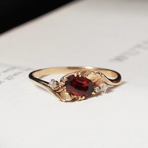 Vintage 9ct Rose Gold Red Garnet & Diamond Floral Bypass Ring Size O / 7 - Picture 1 of 9