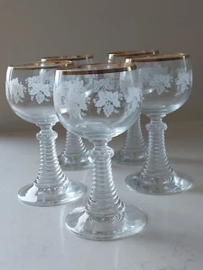 5 Roemer Beehive Stem Etched Wine Glasses Grapevine Gold Tone 6" - Picture 1 of 19