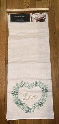 Cynthia Rowley Fabric Table Runner 14” x 72” Embroidered “Love” In Heart Wreath - Image 1 of 4