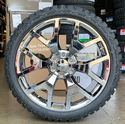 24" HONEYCOMB CHROME WHEELS 33” Mud Tires Yukon Sierra Silverado Tahoe RAM 6X139 - Image 1 of 4