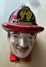 Fireman Helmet Fireman Mustache Ornament Shiny Red Blown Glass New