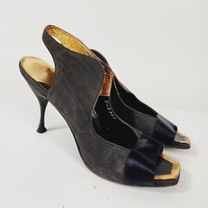 Vintage Marquise Black Slingback Canvas Pumps Heels Shoes Size 8