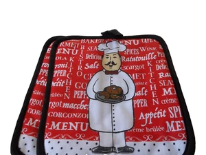 Set of 2 Same Printed Kitchen Pot Holders(7 1/2"x 6 1/2") FAT CHEF RED - Picture 1 of 2