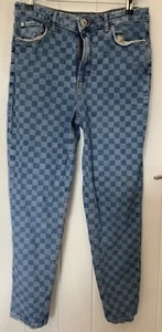 G21 Blue Check Denim Jeans Size UK 10 Checker Board Pattern Frayed Hem - Picture 1 of 4