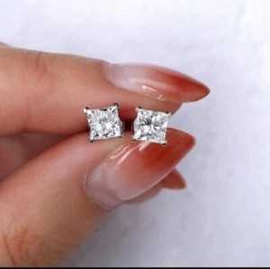 2 Ct Princess Cut VVS1/D Lab Created Stud Earrings 14k White Gold 6mm Push Back - Picture 1 of 8