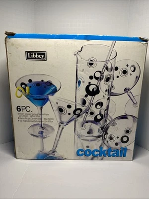 ВИНТАЖНЫЙ 6 - ПК мартини коктейль комплект Libbey черный и белый круг неиспользованный открытая коробка - Изображение 1 из 4