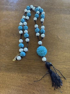 Collana vintage Kenneth J Lane KJL cinese Shou perle finte turchese - Foto 1 di 2