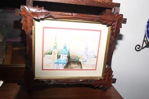 Antique Walnut Criss-Cross Frame w/ Original Water Color from Austria - Picture 1 of 17