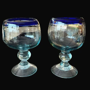 Mexican Hand-Blown Goblets Pedestal Glasses Cobalt Blue Rim Clear Stem VTG 7” - Picture 1 of 5