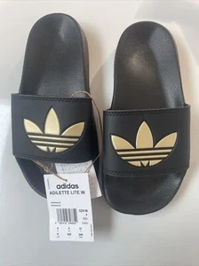Womens Adidas Adilette Lite Slides Flip Flops GZ6196 Core Black/Gold Size U.K. 4 - Picture 1 of 5