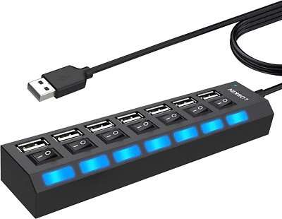 LOBKIN USB 2.0 Leiste Hub 7 Port Tragbar LED-Netzschalter Computer Laptop PC Mac - Bild 1 von 4