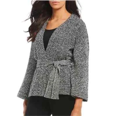 Chaqueta con cinturón Eileen Fisher tejida a mano de algodón orgánico peruano negro/blanco M Foto 1 de 4