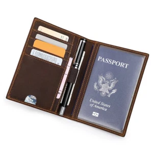 RFID Vintage Genuine Leather Passport Cover Travel Cards Passport Holder Wallet - Picture 1 of 11