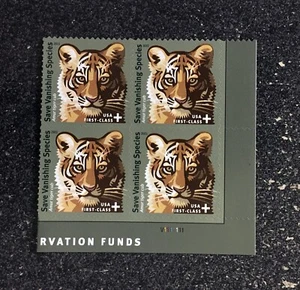 2011USA #B4 Forever Save Vanishing Species Tiger Semipostal - Plate Block of 4 - Picture 1 of 2