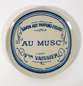 Creative Co-Op 8" Round Plate Vintage Style French Blue Cream Savon Au Musc - Picture 1 of 5