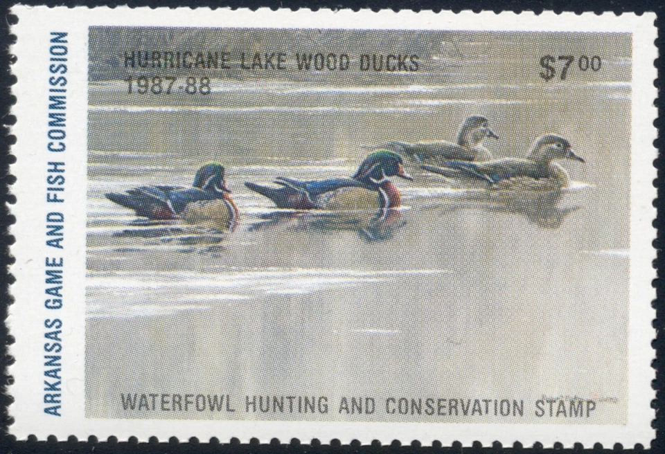 US Duck Stamps, Arkansas 1987 $7 #AR7 Hurricane LkWood Ducks by R Bateman XF MNH - Image 1 of 1