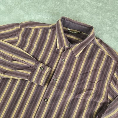 Tommy Bahama Shirt Mens Large Burgundy Tan Striped Silk Wool Blend Long Sleeve - Image 1 of 4